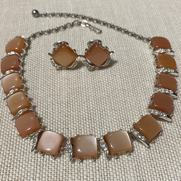 Vintage Tan and rhinestone silver 16” choker Necklace and clip on Earring Set